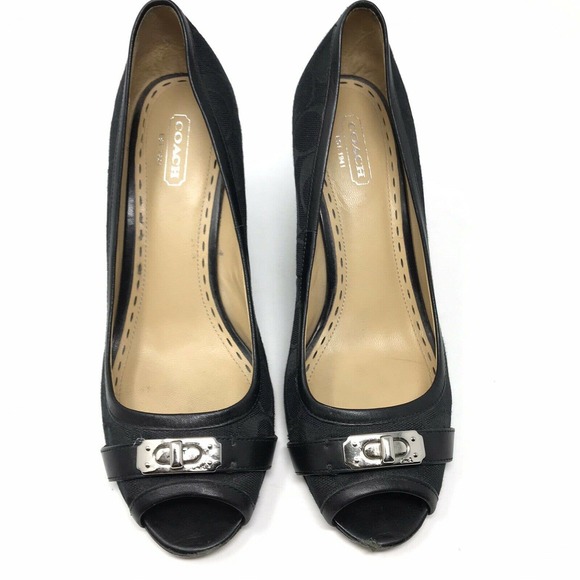 Coach Thea Wedge Heel Pumps Black Peep Toe - Picture 2 of 8